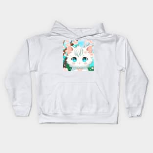 Anime Kawai White Kitten With Pink Flowers Kids Hoodie